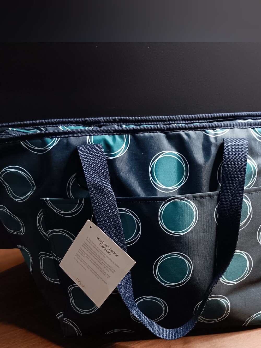 Thirty-One Tote-ally Thermal Large Navy/Teal Circle Print Tote Bag